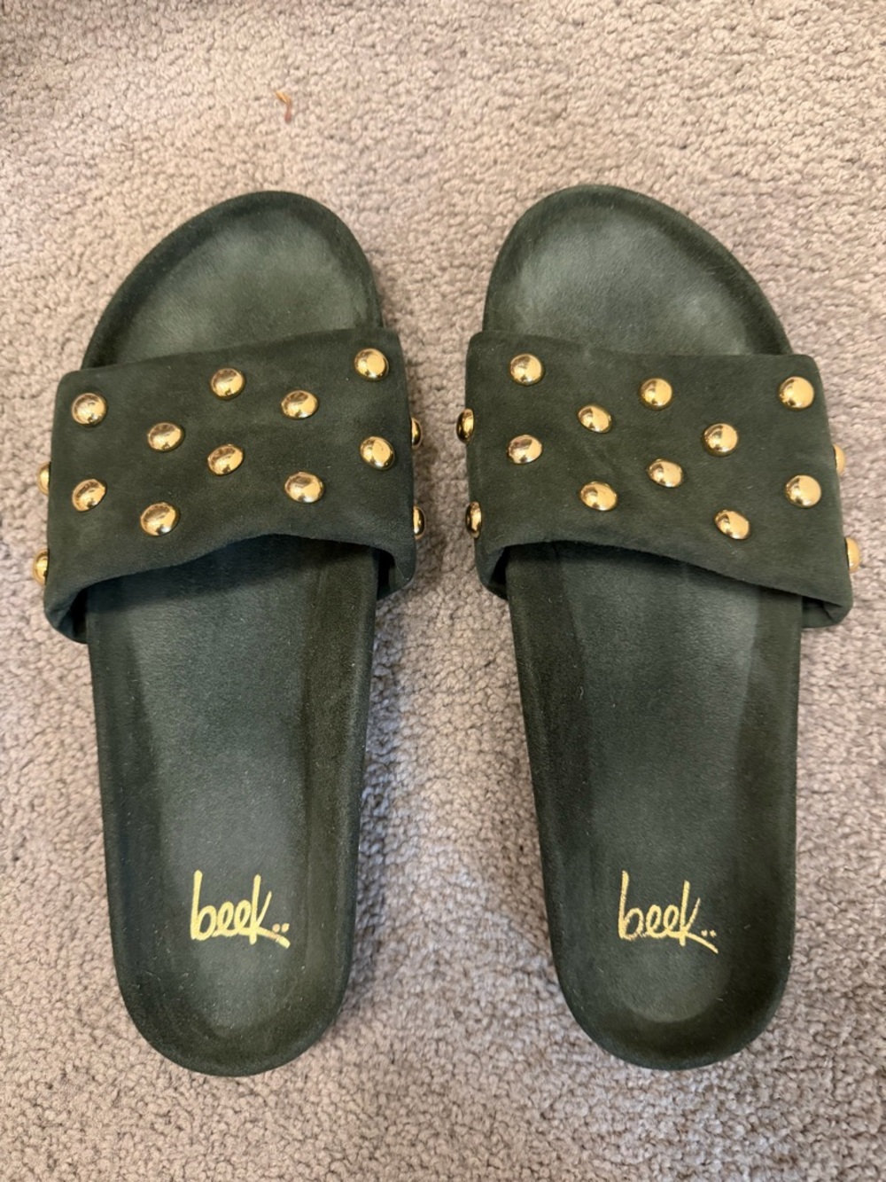 beek Dark Green Gallito Slide Sandals with Gold Stud Accents